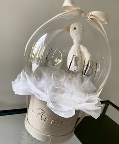 a white ducky in a clear ball with the word baby on it's back