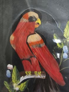 a painting of a red bird on a branch with leaves and flowers in the background