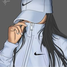 a drawing of a woman wearing a nike hat and jacket with her hair blowing in the wind