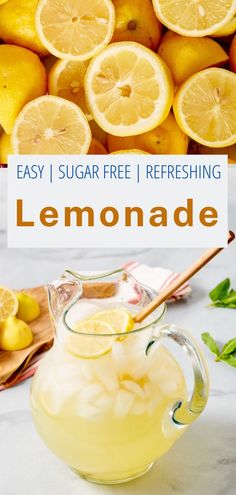 lemonade in a glass pitcher next to sliced lemons