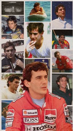 a collage of the famous men in racing suits, including one man with a red jacket