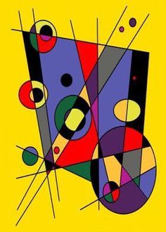 an abstract painting on yellow background with circles and lines in the center, surrounded by dots