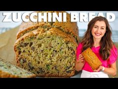 a woman holding a loaf of zucchini bread next to it's contents