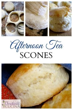 different types of breads and pastries with the words afternoon tea scones