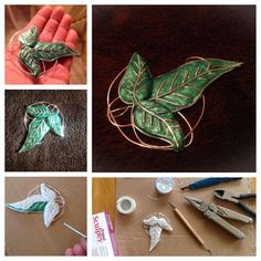 four pictures showing different types of leaves and wire work on the same piece of paper