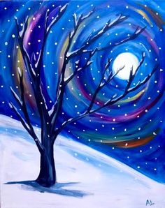 an acrylic painting of a tree in the snow with a full moon behind it