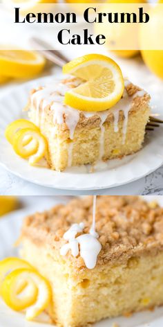 a slice of lemon crumb cake with white glaze topped with a lemon slice on a white plate Lemon Breakfast Cake, Lemon Crumb Cake, Lemon Breakfast, Crumb Cakes, Cake Brownies, Lemon Treats, Crumb Cake Recipe, Cake Lemon, Lemon Dessert