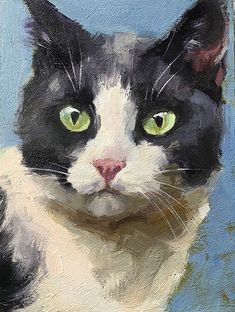 a painting of a black and white cat with green eyes looking at the camera, on a blue background