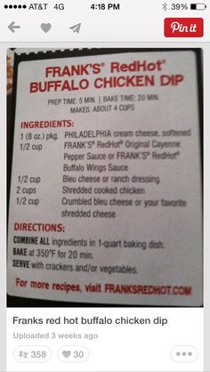 the menu for frank's redhot buffalo chicken dip