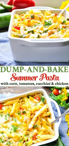 this is a collage of two pictures with different types of food in them and the title says dump - and - bake summer pasta