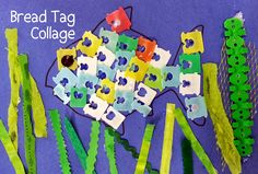 a fish made out of colored paper and plastic straws on a blue background with the words bread tag college