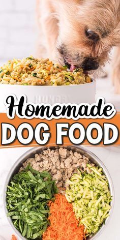 a dog eating food out of a bowl with the words homemade dog food in front of it