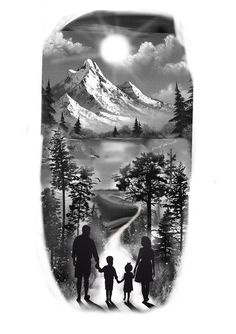 an image of a family walking down the road with mountains in the background and trees on either side