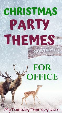 christmas party themes for office with reindeers and snowflakes in the foreground