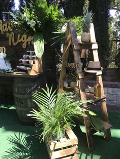 a wooden ladder is next to a potted plant on the ground and other plants