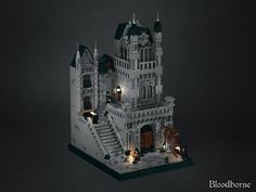 a lego model of a castle with stairs and lights in the front, on a dark background