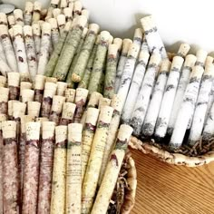 several different types of wine corks in baskets on the floor next to each other