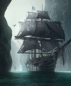 an old pirate ship in the middle of a body of water with cliffs behind it