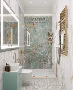 a bathroom with green marble walls and floor