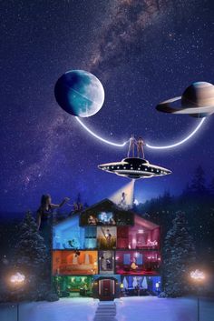 an image of some people flying in the sky with their spaceships above them and stars