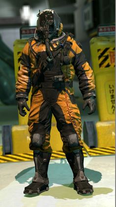 a man in an orange and black space suit