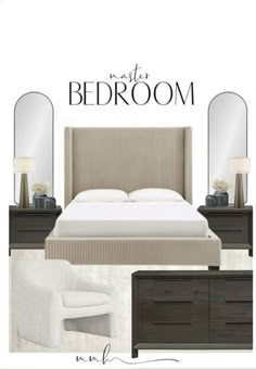 a bedroom with furniture and decor including a bed, mirror, chair, dresser and nightstand