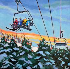 a painting of people riding on a ski lift