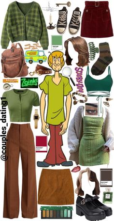 a collage of clothing and accessories including shoes, sweaters, pants, bags