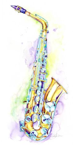 a watercolor painting of a saxophone with an instrument on it's head and neck