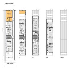 the floor plan for an apartment building with three floors and two levels, including one bedroom