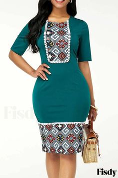 Fisdy - Minimalista Verde Patchwork Impreso O Cuello Vestido Recto para Casual Chic Estilo Slim Bodycon Dress, Short Bodycon Dress, Straight Clothes, Model Streetstyle, Body Con Dress, Straight Dress, Crewneck Dress, Latest African Fashion Dresses, Long Sleeve Bodycon Dress