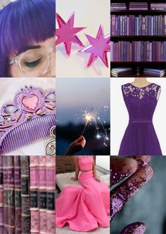 a collage of photos with purple hair and stars in the middle, bookshelves