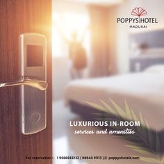 a hotel room door handle with the words luxurious - in - room services and amenities