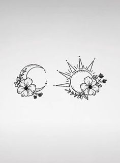 the sun and moon are drawn in black ink on a white background with small flowers