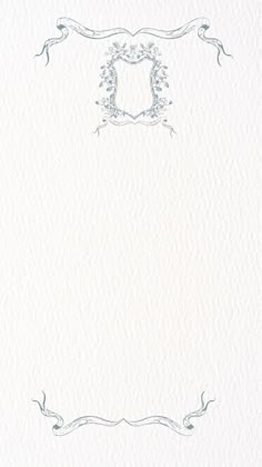 a white card with a blue border and an ornate design on the front, in grey ink