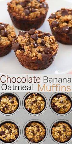 chocolate banana oatmeal muffins in a muffin tin with text overlay