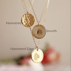 You can have this delicate gold initial disc necklace in Sterling Silver, Gold Filled or Rose Gold Filled. Personalized hand stamped gold filled or silver circle necklace is a perfect everyday necklace and great for layering with longer chains or a sweet gift for moms, sisters or friends. A personalized gift for bridesmaids, a souvenir for lifetime from the bride. *** 14k gold filled or sterling silver disc.*** Initials stamped by hand.*** Satin finish, hammered or hammered edge.***Chain is 16" Initial Disc Necklace, Gold Disc Necklace, Gold Disc, Silver Circle, Everyday Necklace, Gold Initial, Mom Necklace, Disc Necklace, Circle Necklace