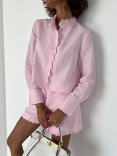 Collarless Shirt, Pajama Fashion, Casual Long Sleeve Shirts, Tops Casual, Online Fashion Boutique, Pink Linen, Mode Inspo, Powder Pink, Linen Shorts