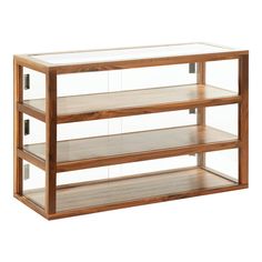 a wooden shelf with glass shelves on each side