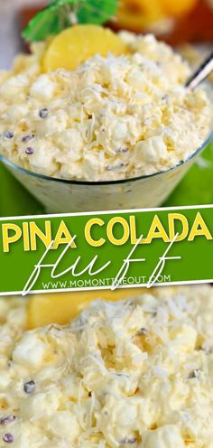 pine colada fluff in a glass bowl with lemons on the side