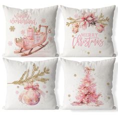 four pillows with christmas designs on them, one is pink and the other is white