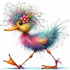 a colorful bird with long legs and a flower in it's hair is walking