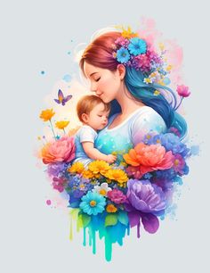 a painting of a woman holding a child in her arms with flowers on the side