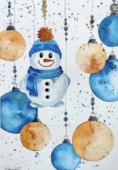 a watercolor painting of a snowman with ornaments hanging from it's sides