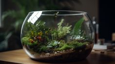 a glass bowl filled with plants and rocks