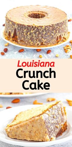 a close up of a cake on a plate with the words, louisiana crunch cake