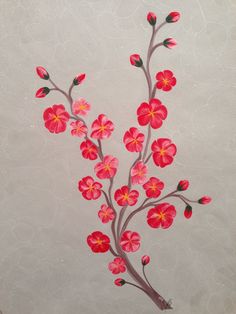 a painting of pink flowers on a white background with red stems and green leaves in the center