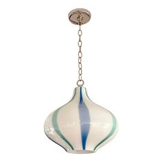 a white and blue glass light hanging from a chain