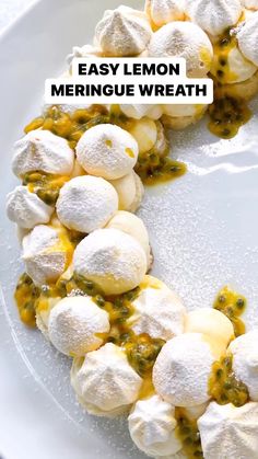 an easy lemon meringue wreath recipe on a white plate