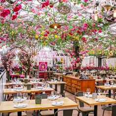 the inside of a restaurant with tables and chairs covered in pink flowers hanging from the ceiling